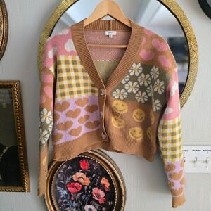 Cardigan preppy fun womens small checkers hearts smilies